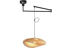DANGGEOI Swing Arm Pendant Light, 360° Rotation Adjustable Bamboo Chandelier, Matte Black Finish and Hand Woven Rattan Shade 
