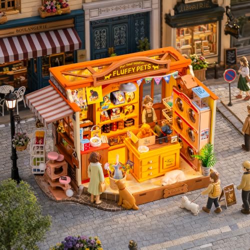 Rolife DIY Miniature Dollhouse Fluffy Friends Store 397 Pcs Wood Kit | 1:18 Scale LED Lighting Grooming Salon 7H Mounting Snap-Fit Intermediate Wooden Puzzle 3D Gift Adult Teen