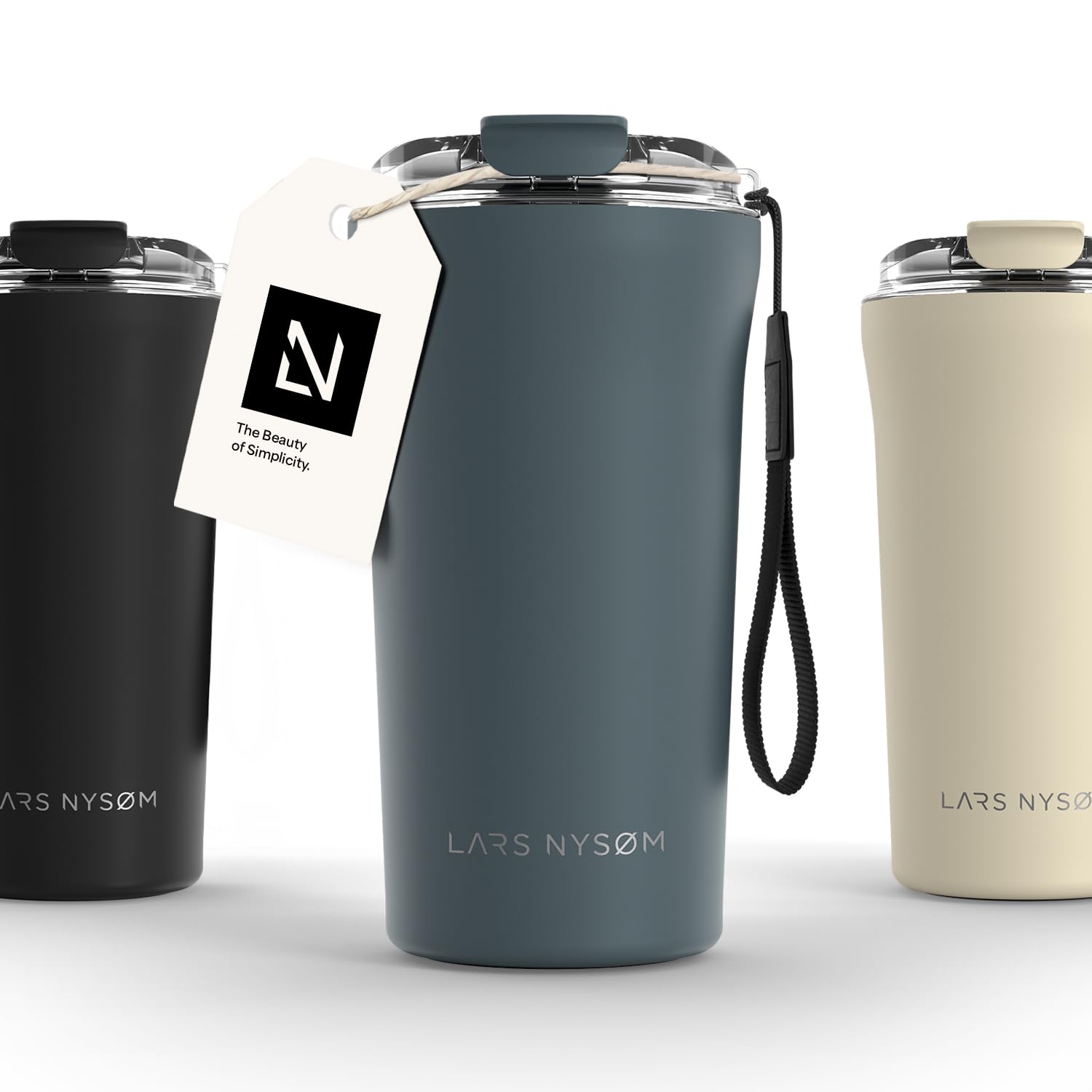 LARS NYSØM Thermo Coffee Mug-to-go with Strap 17oz | Travel Mug 0.5 Liter with Insulation | Leak Proof Stainless Steel Thermal Tumbler for Coffee and Tea to Go (Stone Blue, 500ml)