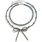 CareUToo Turquoise Beads Western Cowboy Style Necklace Bow Necklace Sweater Chain Collar Chain Set of 2