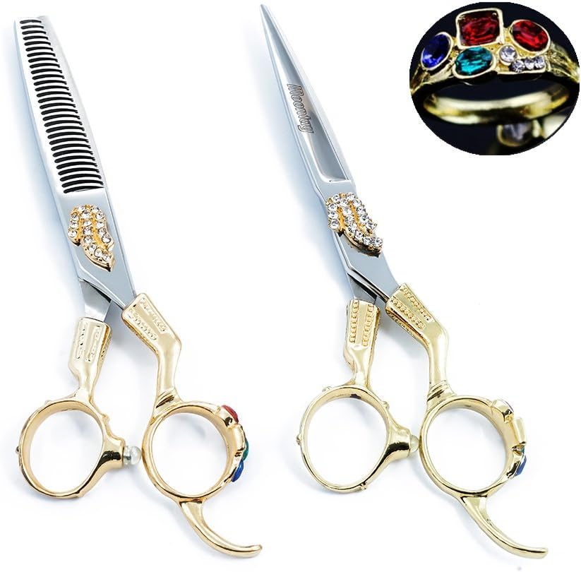 Moontay 6.0" Professional Hair Cutting Scissor Thinning Shear Set, Barber Hairdressing Salon Thinning/Texturizing Shear Scissor, 440C Steel, Jewelled