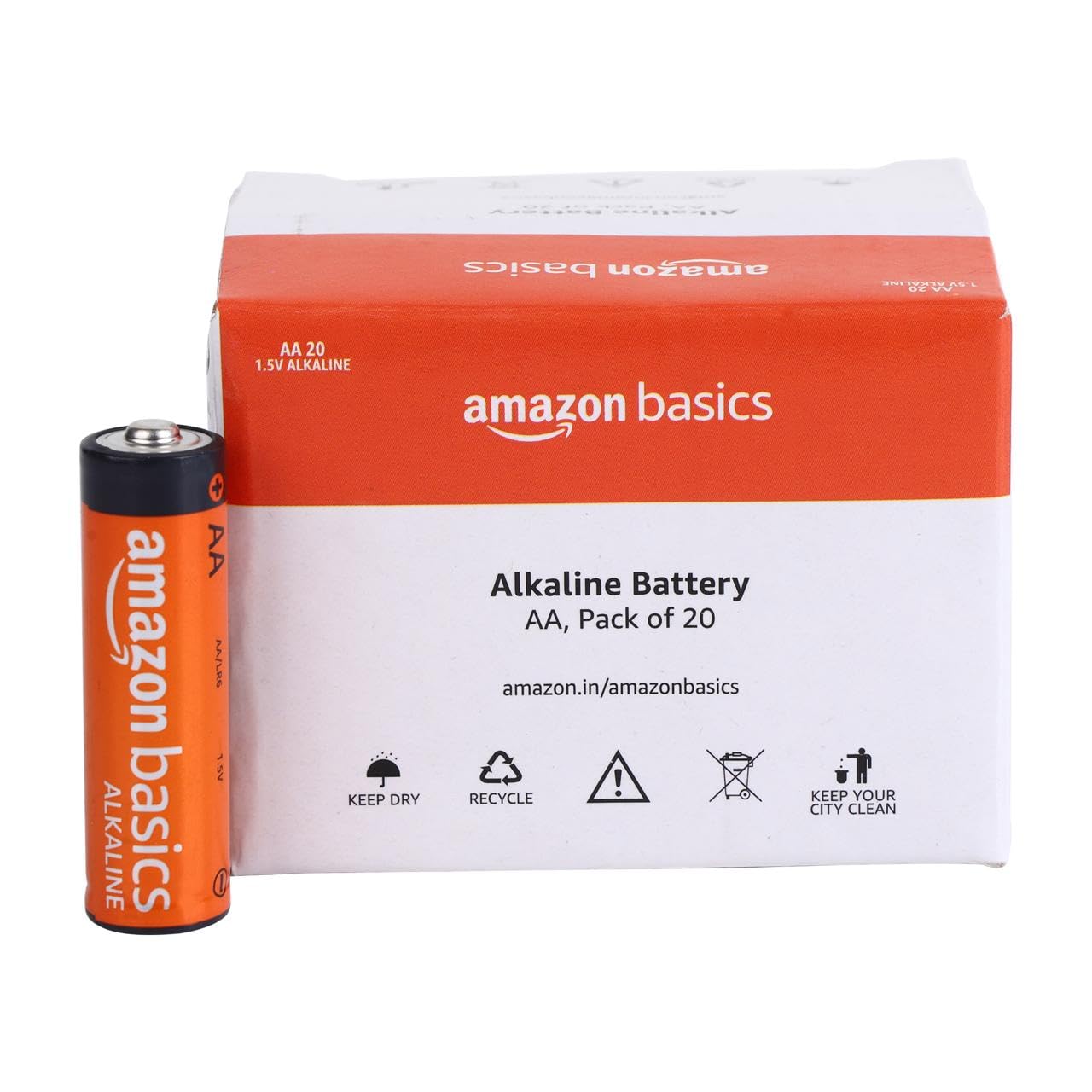 Amazon Basics 20-Pack AA Alkaline Batteries, 1.5 Volt, 10-Year Leak-Free Shelf Life, for Everyday and Household Devices