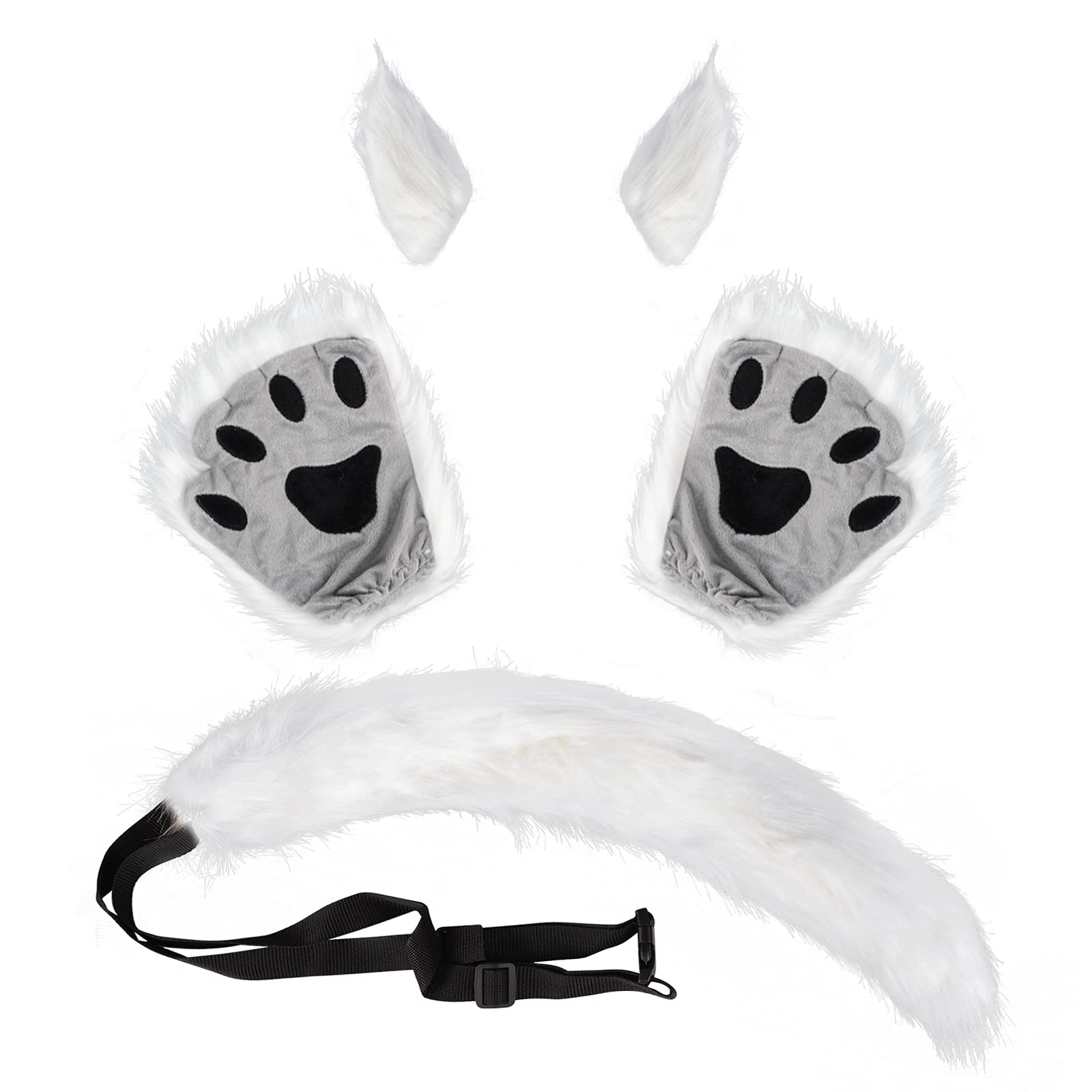 XINCHIA Faux Fur Fox Cat Ears Hair Clip Tail Gloves Set Fluffy Wolf Fox Cosplay Costume Hair Hoop Long Tail Kit Animal Dress Up Fancy Dress Accessories Halloween Role Play Party Costume for Adults