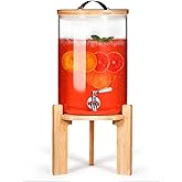 Glass Beverage Dispenser with Bamboo Stand and Lid, Iced 2.1 Gallon Drink Server with Spigot, Large Thick Glass Drink Dispenser for Parties, Hotels, Restaurants, Homes