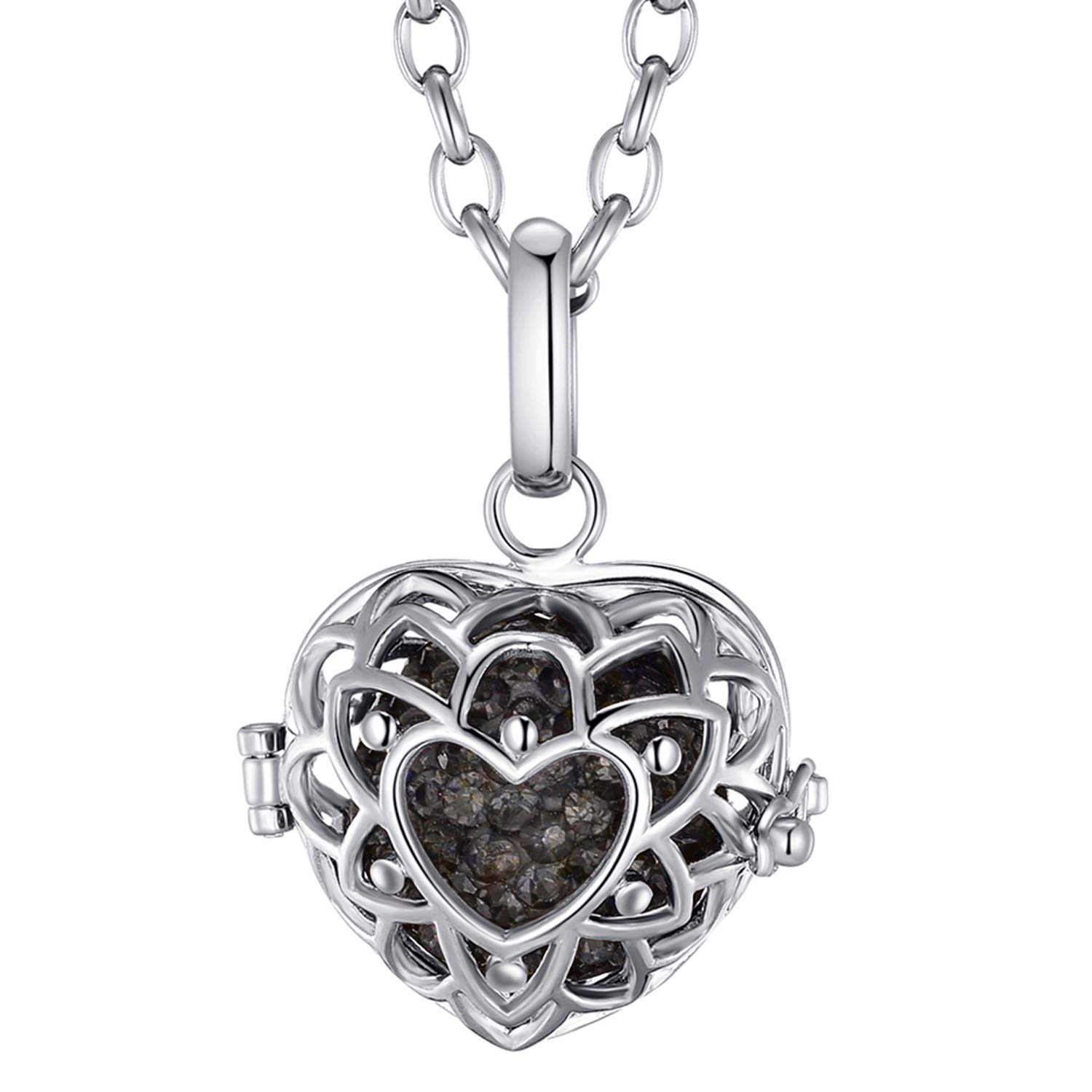 Morella Women Necklace Stainless Steel 70 cm 27,5" with Heart-Shaped Pendant with Sound Ball Zirkonia Grey Ø 16 mm 0,63" in a Velvet Jewelry Bag