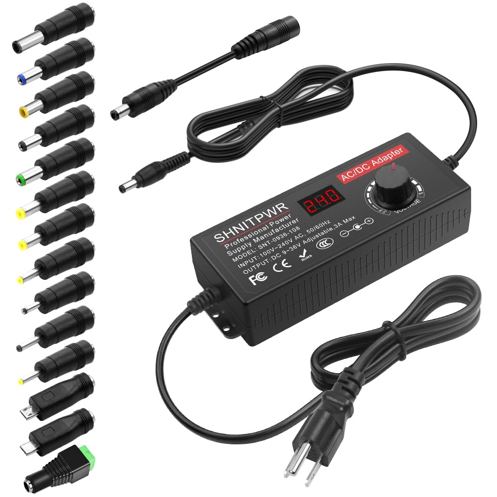 SHNITPWR Universal Power Supply Adjustable DC 24V 12V 9V 14V 19V 30V 36V AC Adapter Multi-Voltage 9V ~ 36V 3A 108W Power Adapter 100V~240V AC to DC Variable Power Converter 14 Tips 5.5x2.5mm