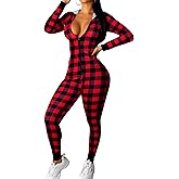Ekouaer Christmas Onesie Women Sexy Pajamas Zipper Halloween Onepiece Bodycon Outfit Jumpsuit Costume S-XXL