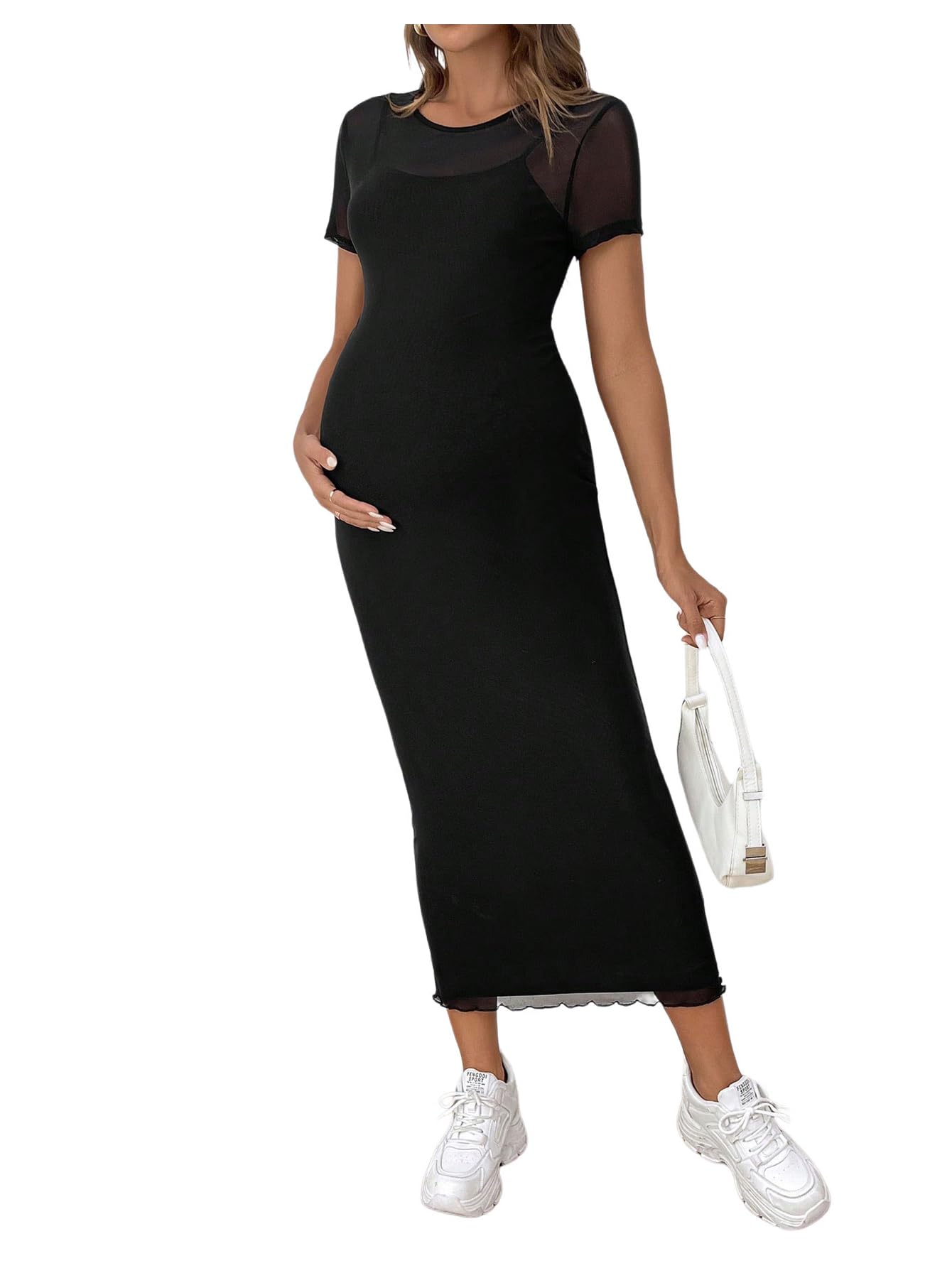 Photo 1 of MakeMeChic Women's Maternity Dress Mesh Short Sleeve Bodycon Pregnancy Maxi Dresses Black Large