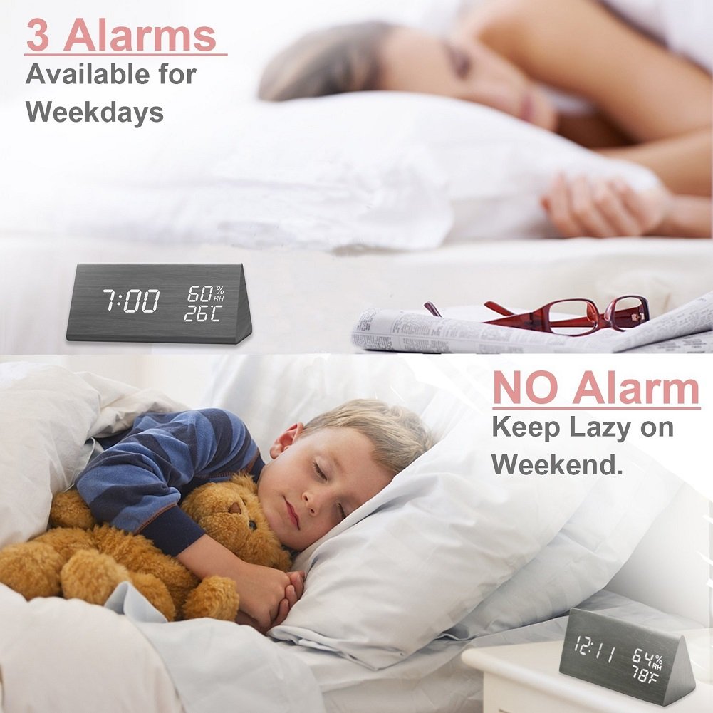 Digital Alarm Clock by 2013newestseller,Wood Alarm Clock, Dual Time (12/24) Mode, Three Alarm Sets, Date LED Display, 3 Levels Brightness, Temperature and Humidity Wood Grain Clock for Bedrooms