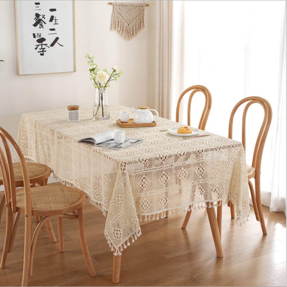 BMIDRUT Beige Cotton Crochet Tablecloths Lace Doilies Vintage Rectangle Crochet Tablecloths Table Cover Table Topper Wedding Home Party Table Decoration 140x200 cm