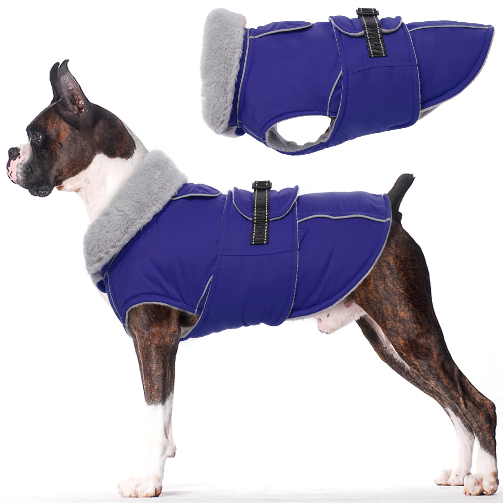Photo 1 of Lelepet Warm Dog Coat Reflective Fleece Vest Waterproof Dog Jacket with Adjustable Buckle Hook & Loop Windproof Cold Weather Coats for Small Medium Large Dogs, Blue, S