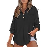 RITERA Plus Size Womens Waffle Knit Tops V Neck Henley Shirts Button up Blouse Long Sleeve Long Tunic Top