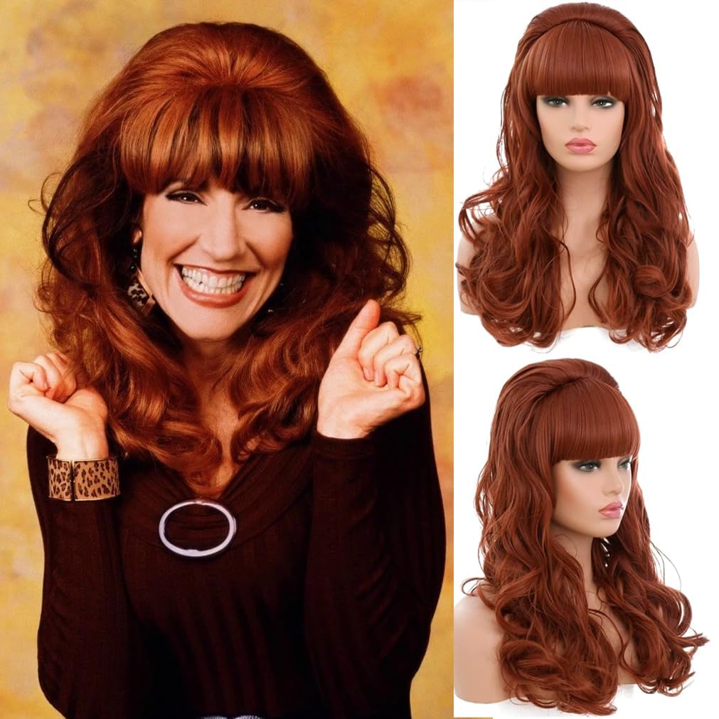 PORSMEER Long Wavy Auburn Brown Beehive Retro Wigs for Women Girls,Peggy Bundy Wig 80s Married Housewife Big Red Wig Costumes Halloween Vintage Cosplay Party — image 1