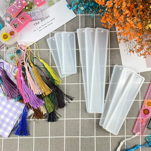 MUXGOA 9 Pcs Resin Bookmark Molds,DIY Bookmarks with 27 Pcs Handmade Silk Bookmark Tassels for Key Chain DIY Art Craft