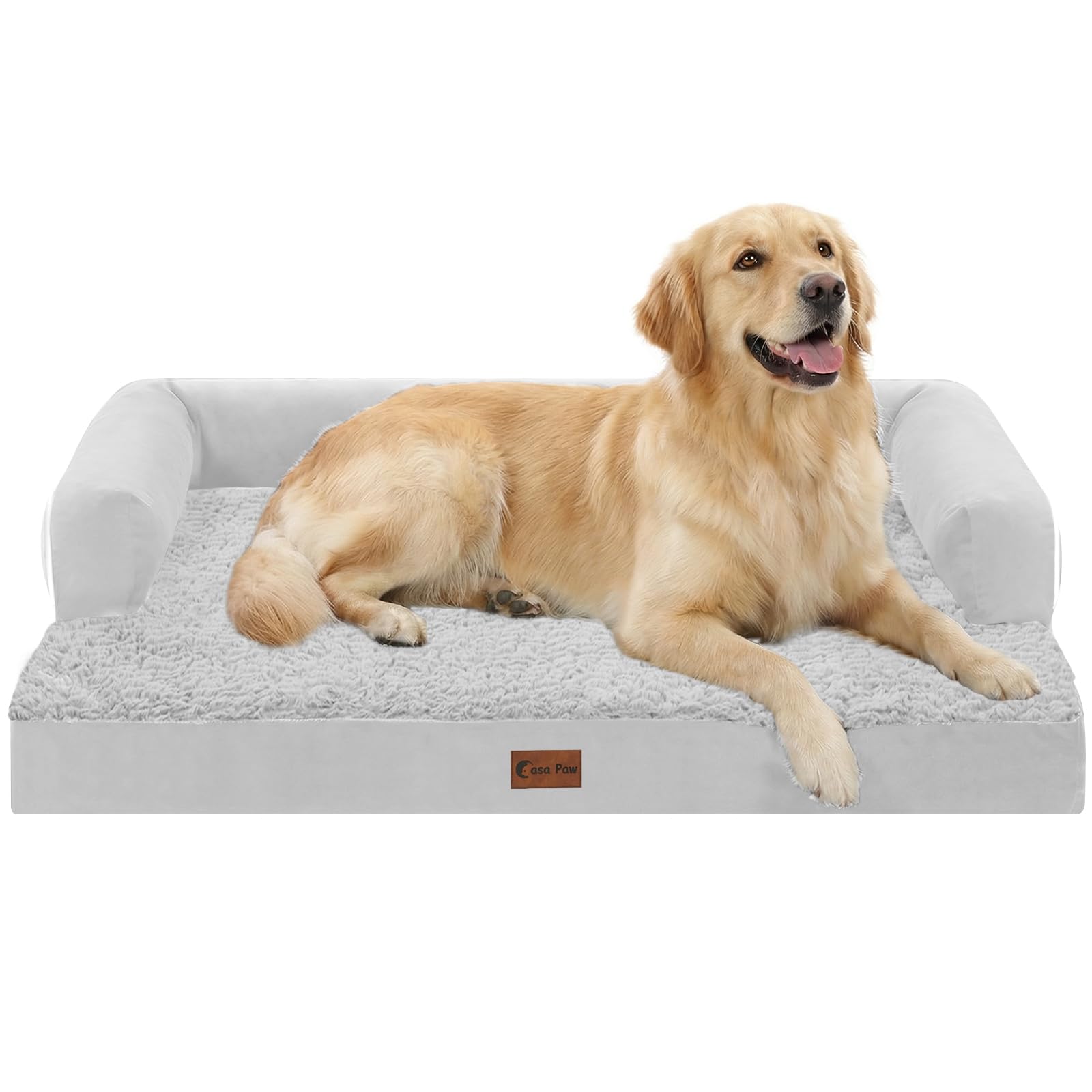 Casa Paw Orthopedic Dog Beds for Large Sized Dogs, Waterproof Egg Crate Foam Large Dog Couch Beds with Comfy Bolster 36x27Inch, Washable Pet Beds with Removable Cover and Nonskid Bottom, Grey White Image