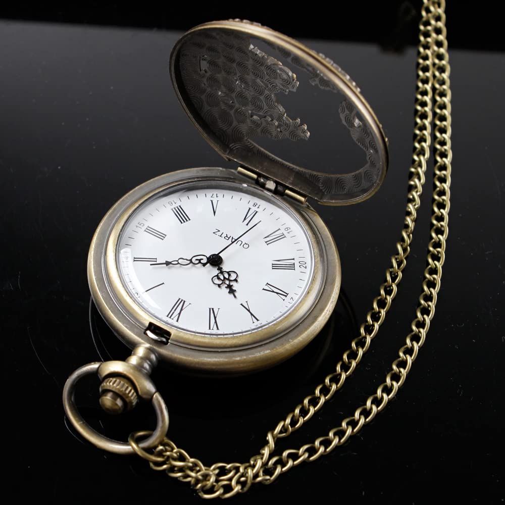 Alwesam Dragon Design Quartz Pocket Watch Roman Numerals with Chain Birthdays Gifts for Father's Days