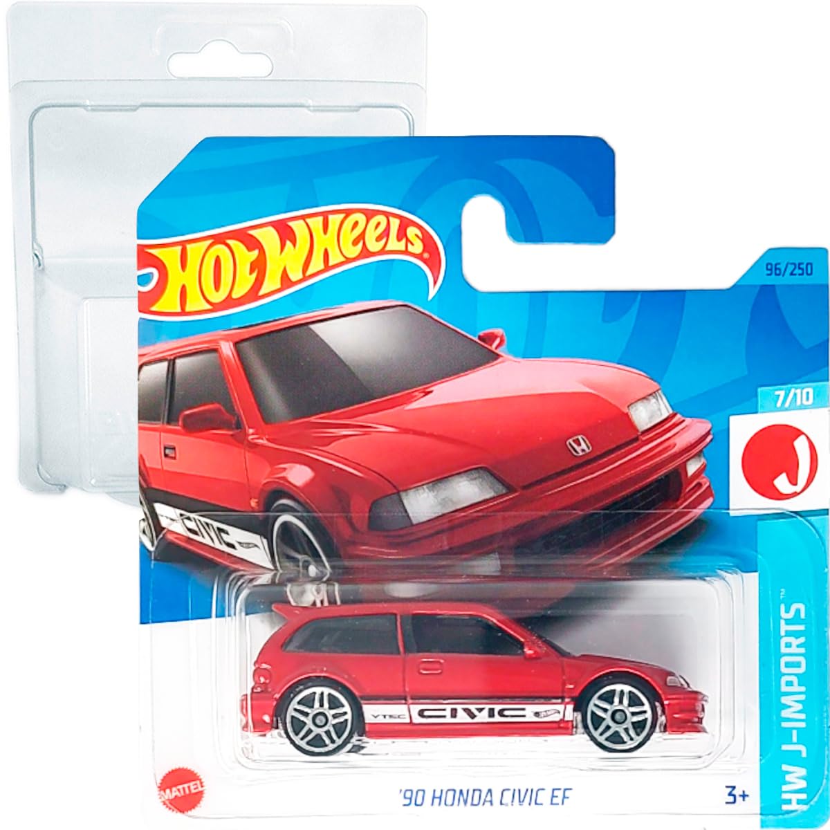 Hot Wheels '90 Honda Civic EF HW J-Imports 7/10 (96/250) HKJ16 Short Card Mattel 2023 + Blister & Card Protector Pack Friki Monkey