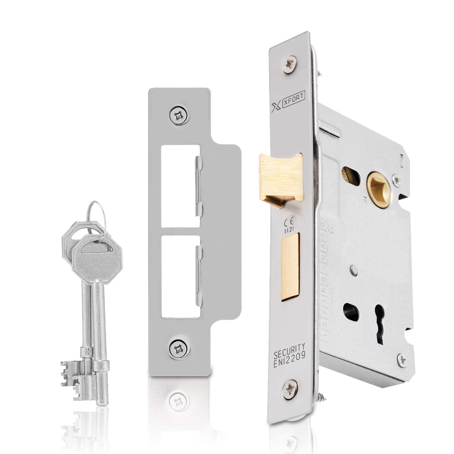XFORT® 3 Lever Satin Chrome Mortice Sashlock 65mm, Door Lock with Key for Internal and External Doors, Door Latch Mechanism and Key Locking Door Security, CE Approved and Fire Rated Protection.