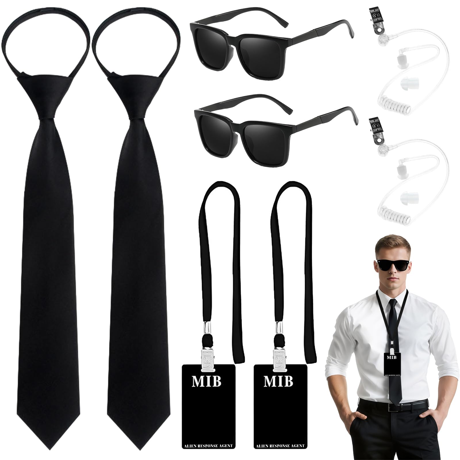 Kodepro Double Agent Costume Accessories Set, Secret Agent Fancy Dress Kit with ID Card Prop Lanyard Fake Earpiece ZipTie Black Frame Sunglasses for Adults Halloween Cosplay Carnival Dress up Party
