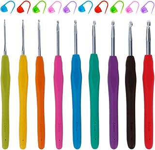 Anpro 9 Häkelnadel Häkelnadeln Set mit 10 Stück Stricken Häkeln hochwertigen Aluminium Häkelhaken Nadeln mit bunten weichen Gummi Griff, EINWEG