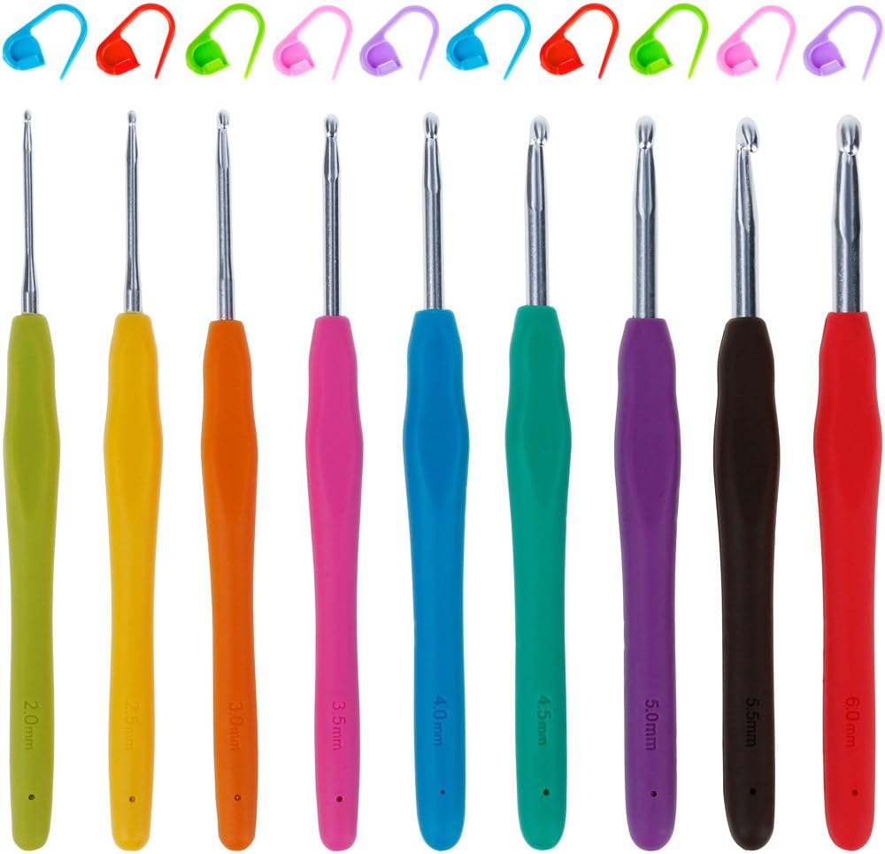 Anpro 9 Häkelnadel Häkelnadeln Set mit 10 Stück Stricken Häkeln hochwertigen Aluminium Häkelhaken Nadeln mit bunten weichen Gummi Griff, EINWEG