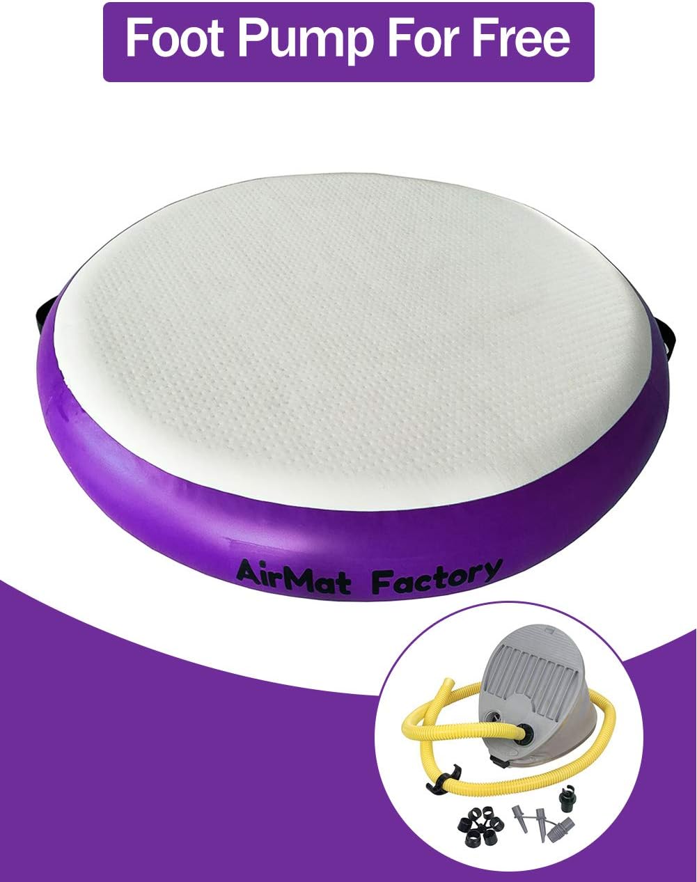 AIRMAT FACTORY Airspot Gymnastics Airtrack - Inflatable Air Track Tumbling Mat with Foot Air Pump for Gym, Home Use, Tumble Track for Training (Mysterious Purple, D=3ft & T=0.7ft(Diameter 1m0.2m))