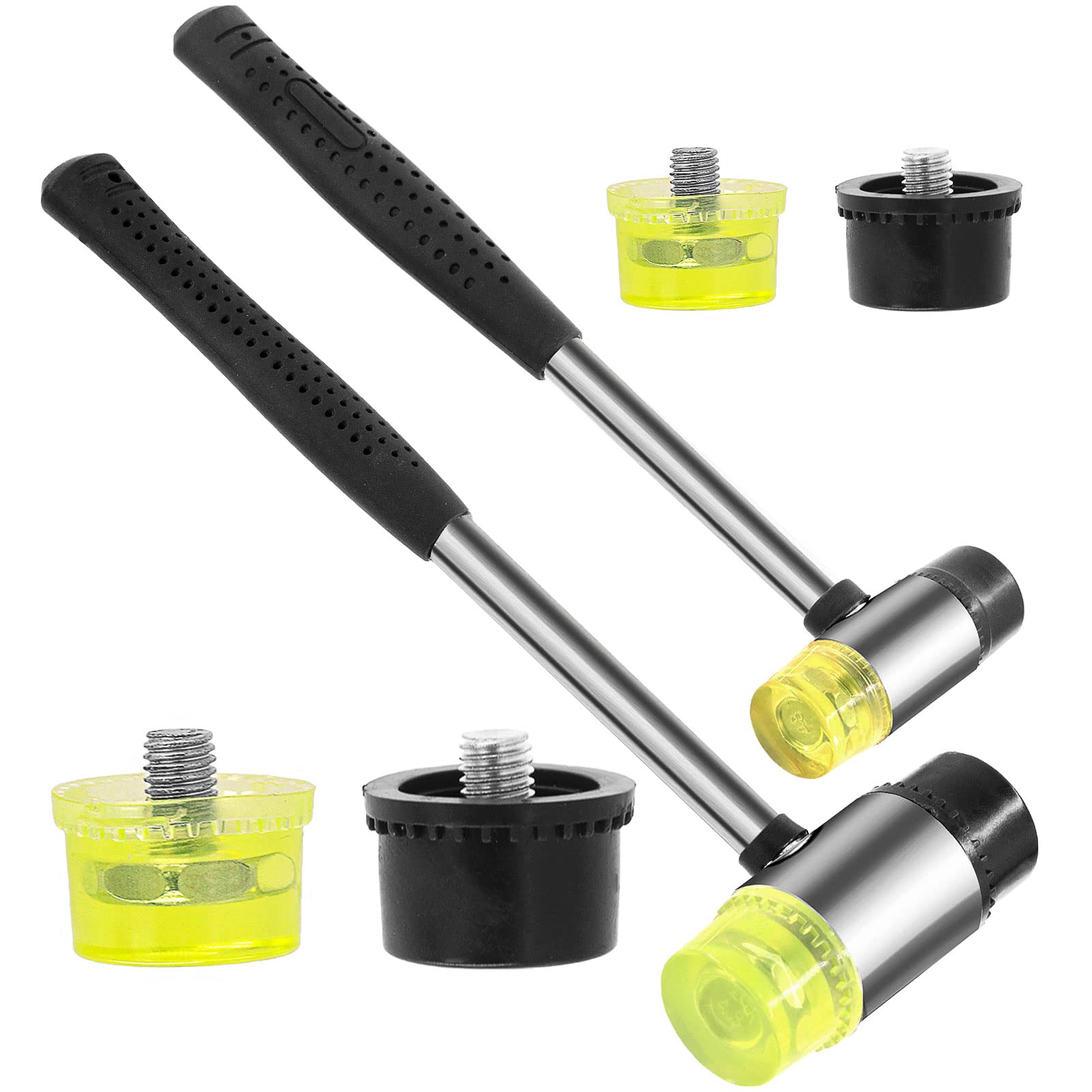 Rustark 6Pcs 2 Pack 25mm 35mm Double Faced Plastic and Rubber Hammer Mallet Set Double Head Small Mallet Jewelry Hammer W 4Pcs Replacement Heads Nylon Hammer Tool for Jewelry Leather Crafts Flooring