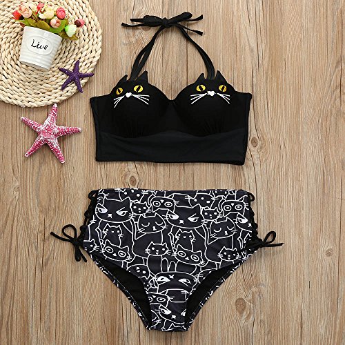 Hot Sale Bikini,Han Shi Women Halter Cat Print Padded Underwire Bathing Swimsuit Swimwear (Black, L)