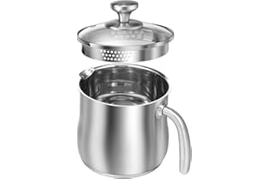 2 Liter Stainless Steel Saucepan, Milk Pot Saucepan with Pour Spout & Glass Lid, Multipurpose Cooking Pot for Boiling Milk, S
