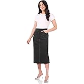 Rekucci Women's Secret Figure Stretch Denim Midi Skirt – Mid-Rise Jean Skirt with 5 Pockets & Back Vent