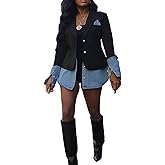 DINGANG Blazer Denim Jacket for Women Office Casual Long Sleeve Open Front Patchwork Jackets Coat