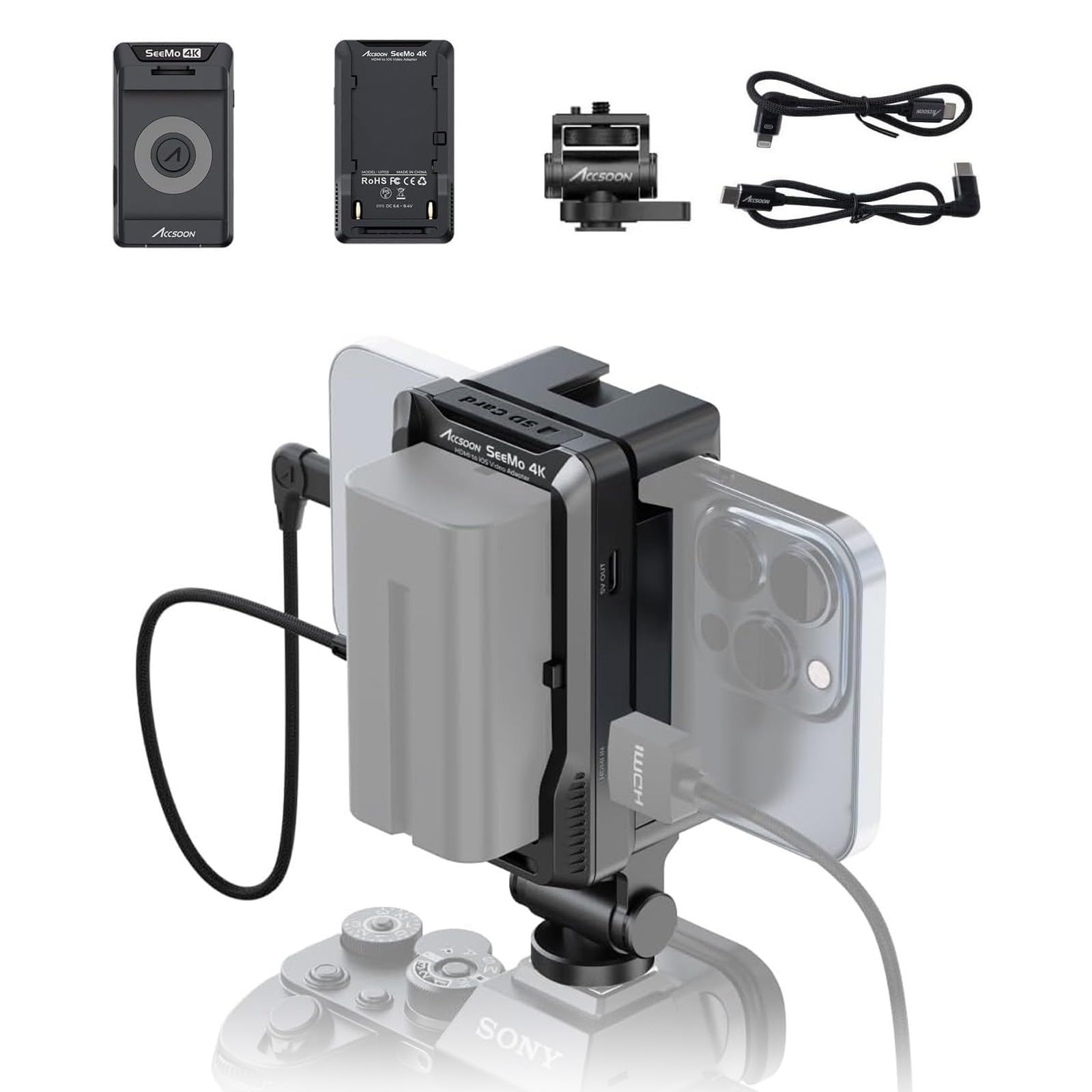 Accsoon SeeMo 4K HDMI Video Transmitter Adapter for iPhone iPad, IOS/HDMI Video Capture Terminal Turns iPhone into On-Camera Monitor, for Video Recording Live Streaming-Black