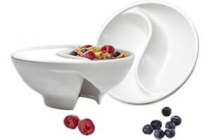 VALLENWOOD Never Soggy Cereal Bowl. White x2. Divided. Cereal Bowl Separated. Unbreakable Melamine. Two sided bowl. Anti Sogg