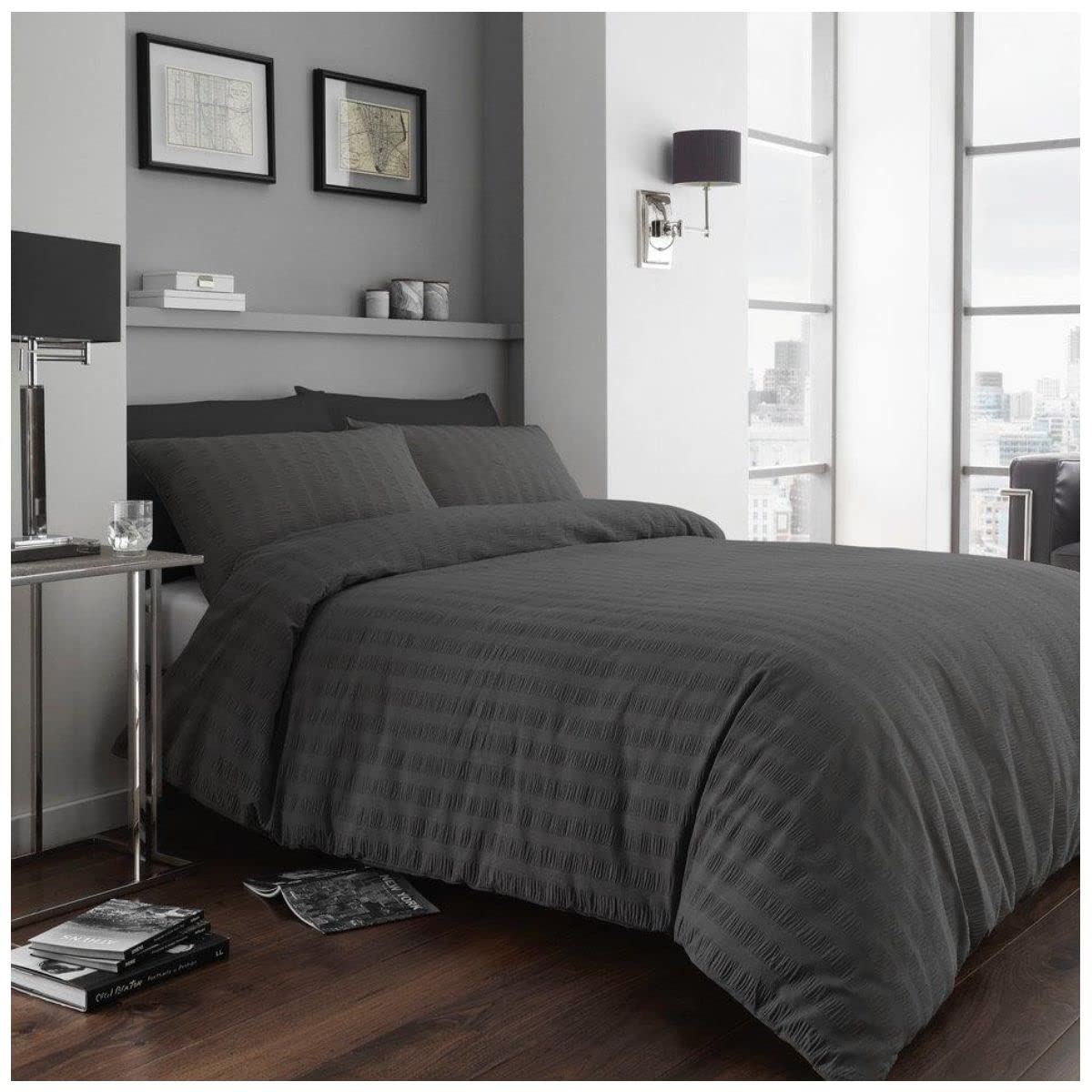 GC GAVENO CAVAILIA Luxury Stripe Duvet Cover Quilt Set, Easy Care Super Soft Textured Seer Sucker Bedding, Super King, Charcoal-Polycotton