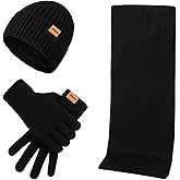 Mens Winter Beanie Hats Scarf for Men with Touchscreen Gloves, Warm Long Scaves Fleece Lined Hats Knit Gloves Set Gifts