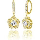 Hoops & Loops Sterling Silver Cubic Zirconia Flower Swirl Dangle Leverback Earrings for Women, Silver, Yellow & Rose Gold