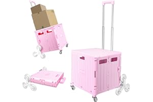 Honshine Foldable Cart with Stair Climbing Wheels, Collapsible Rolling Crate with Telescoping Handle, Handcart for Grocery Book File Tool Art Supplies(Pink)