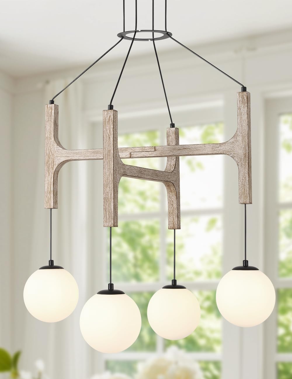Photo 1 of (UNTESTED) Farmhouse Antique White Wood Chandelier, 4-Lights Rustic Dining Room Light Fixture Kitchen Island Lighting, Vintage Milk Glass Globe Pendant Chandelier Hanging for Living Room Entryway