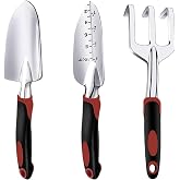 Garden Tool Set, 3 Piece Gardening Tools Includes Garden Trowel, Transplant Trowel and Hand Rake with Non-Slip Ergonomic Handle, Heavy Duty Garden Kit for Planting, Garden Gifts, Red