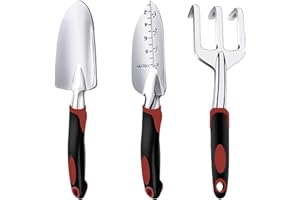 YEATOUNG Garden Tool Set, 3 Piece Gardening Tools Includes Garden Trowel, Transplant Trowel and Hand Rake with Non-Slip Ergonomic Handle, Heavy Duty Garden Kit for Planting, Garden Gifts Red