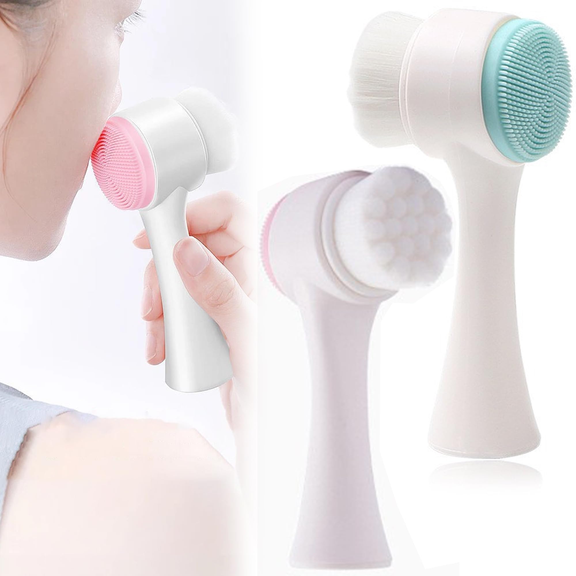 SYXLS 2PCS Manual Facial Cleansing Brush, 2-in-1 facial Cleansing Brush, Silicone Double Sided Exfoliating Brush, Deep Cleansing Skin Keratin Cleaning System, Wash Makeup Massaging