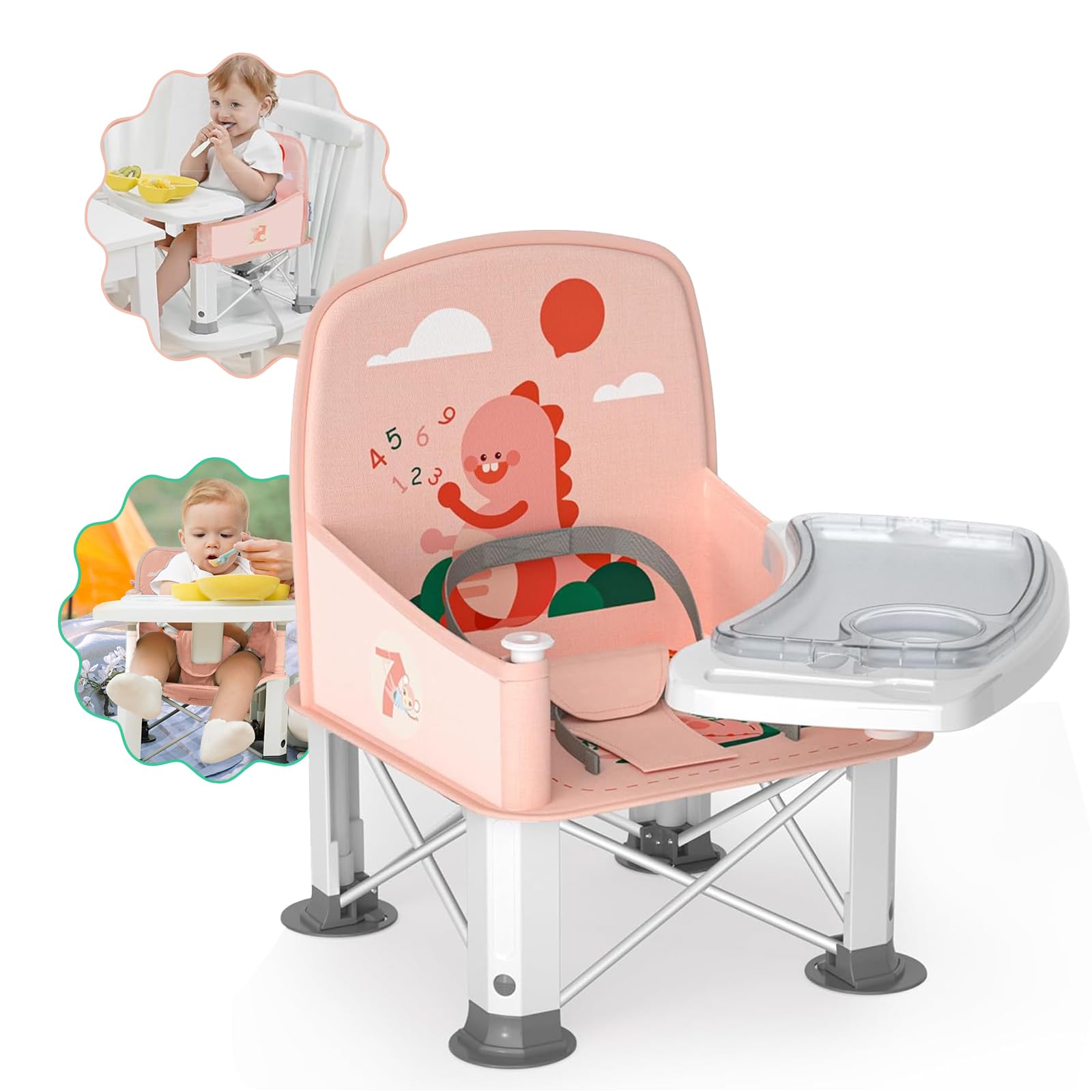 Baby Travel Booster Seat with Double Tray, BabyBond Upgraded Toddler Portable Baby Chair, Booster Seat for Dining Table, Stable and Foldable Booster Baby Chair for Indoor/Outdoor (Pink Dinosaur) Image