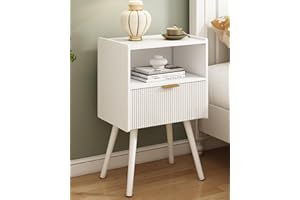 JOONEE White Nightstand,Modern Bedside Table with Storage Drawer and Open Wood Shelf, for Living Room, Bedroom and Small Spaces, Accent Night Stand with Solid Wood Legs, Easy Assembly,Classic White