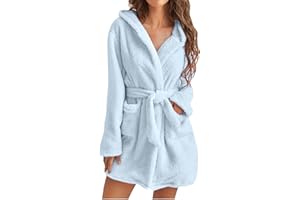 SHOPESSA Fuzzy Robe for Women Mid Length Bathrobe Belted Solid Color Plush Kimono Robe with Pockets Soft Winter Spa Robes