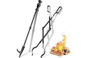 AMAGABELI GARDEN & HOME 32" Long Fire Pit Poker Stick and 26" Fireplace Tongs Tool Sets Fireplace Log Grabber for Firewood Campfire Bonfire Heavy Duty Wrought Iron Rustproof Indoor Outdoor Wood Stove