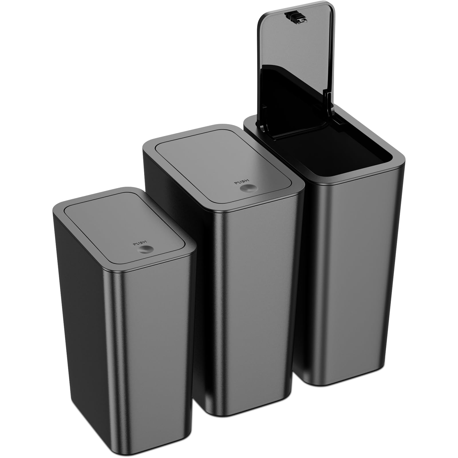 Photo 1 of (BAGGED) (USED/FAIR) N. NETDOT 3 Pack (2 of 4 Gal & 1 of 2.6 Gal) Small Trash Can with Lid,Bathroom Garbage Can with Pop-Up Lid,Waste Basket for Bathroom,Kitchen,Bedroom,Powder Room,Craft Room,Office,College (Black)