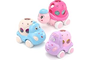 BeAndge Baby Girl Toys Gifts for 1 2 Year Old Girls, Pink Cars for Babies 6-12 12-18 Months, Push and Go Trucks for Toddlers, Soft Rattle and Roll Toys for One & 1+ Infants First Birthday Gift