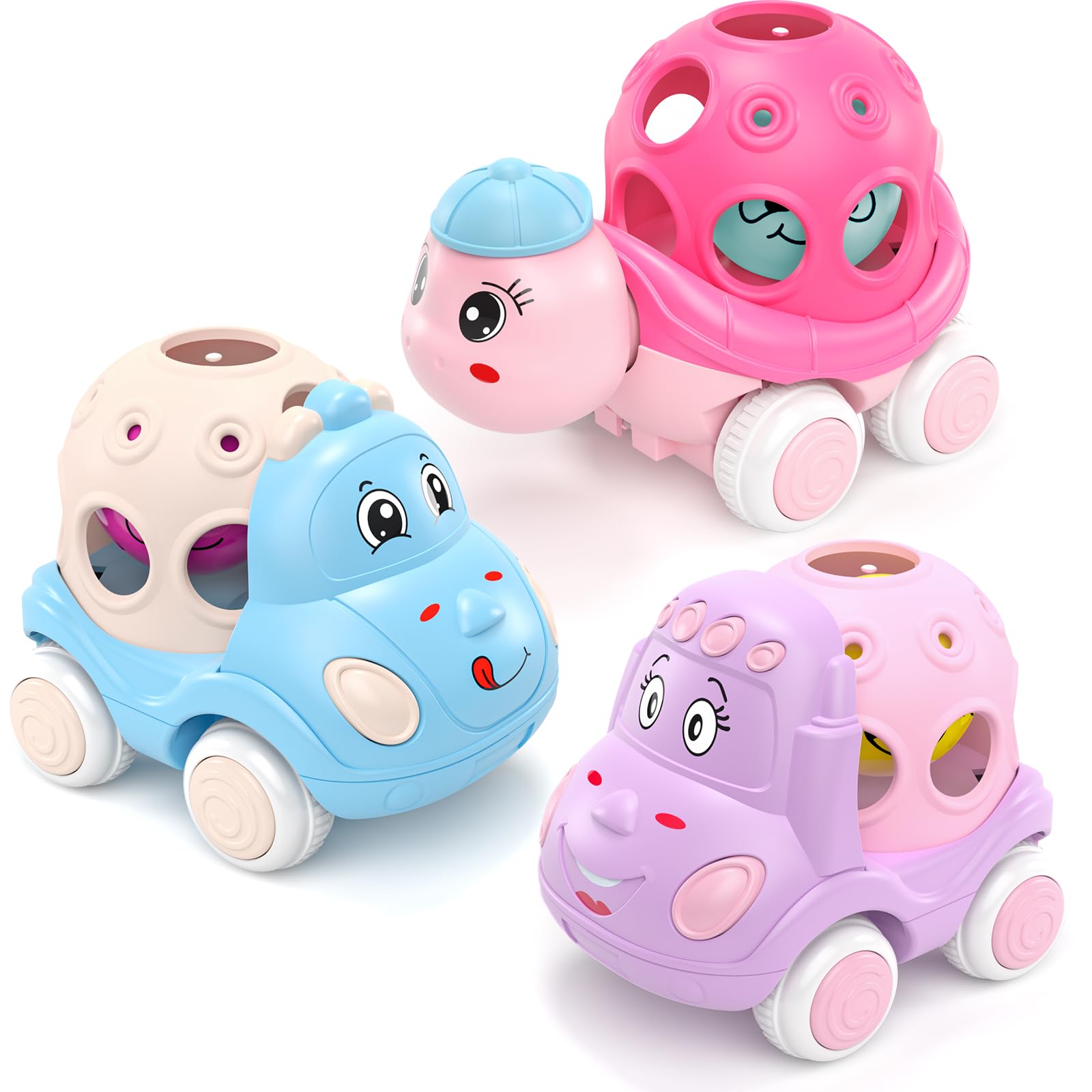BeAndge Baby Girl Toys Gifts for 1 2 Year Old Girls, Pink Cars for Babies 6-12 12-18 Months, Push and Go Trucks for Toddlers, Soft Rattle Toys for One 1+ Infants First Birthday Easter Gifts