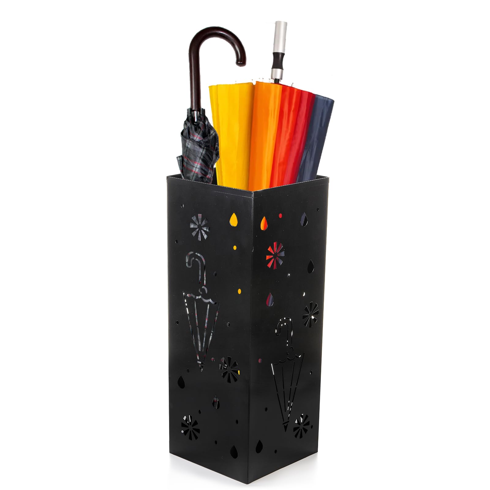Coloch Metal Umbrella Stand Rack, Square Umbrella Holder Bin Freestanding Cane Walking Sticks and Crutches Holder with Weighted Water-Resistant Base for Entryway, Home, Office, 15x 15x 40 CM, Black