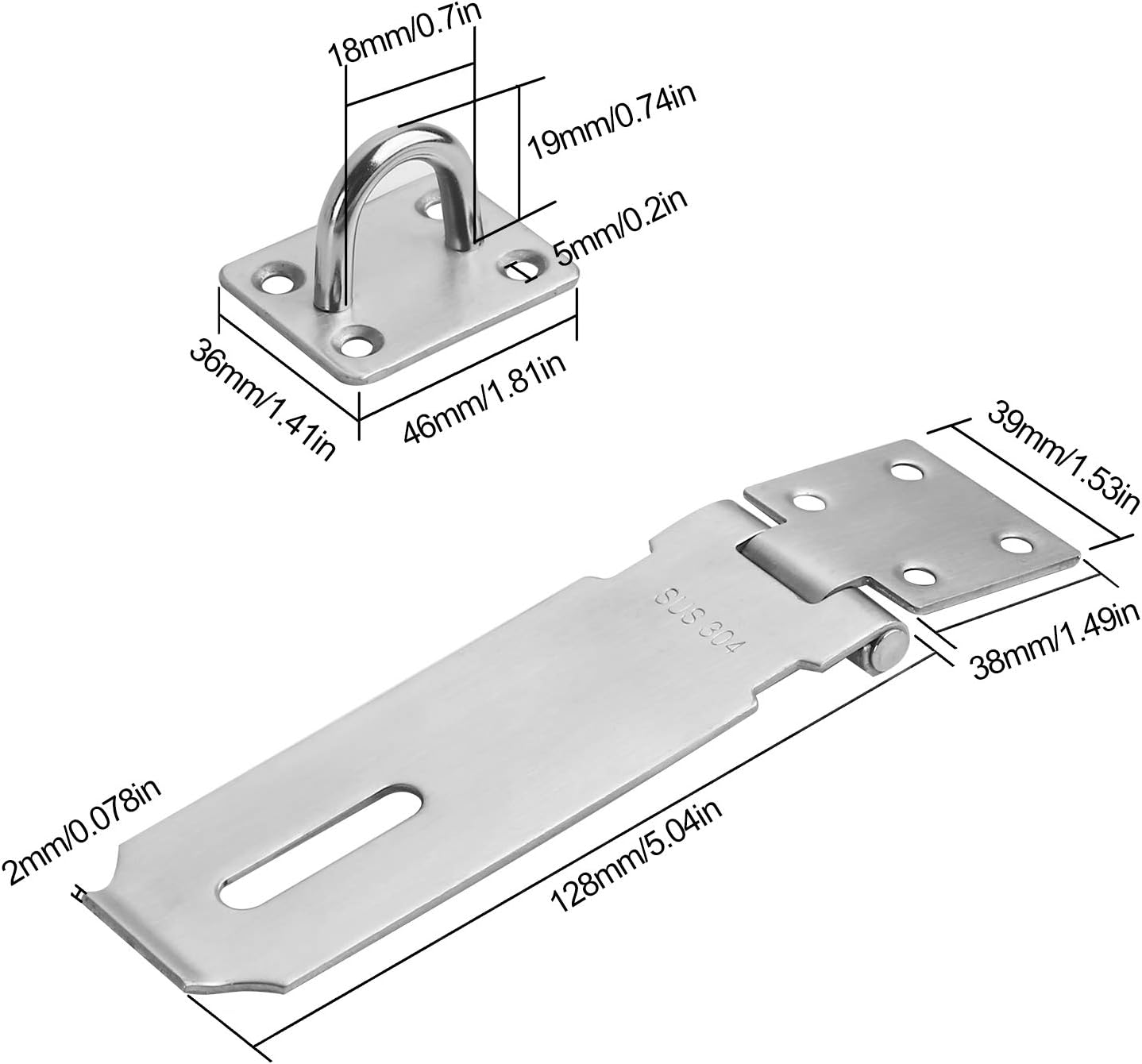 2 PCS 5 Inch Padlock Hasp, KINJOEK Stainless Steel Security Door Clasp Hasp Lock Latch, 2mm Extra Thick Door Gate Bolt Lock with 16 Mounting Screws - - 
